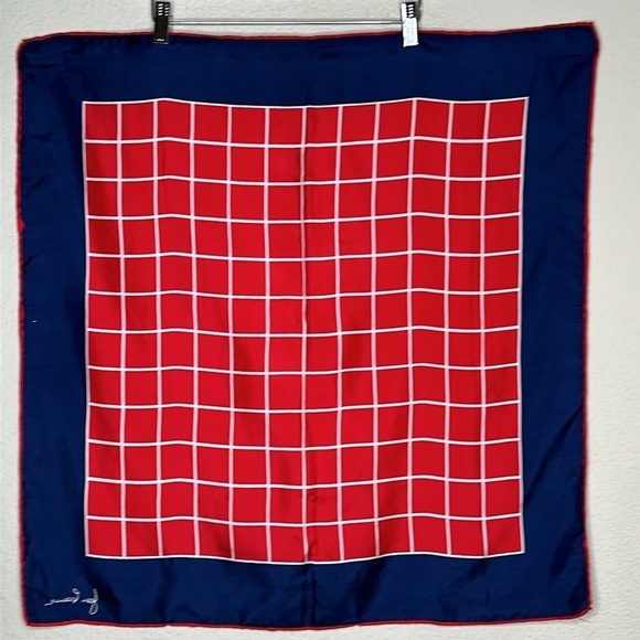 VTG Jean Casanave Signed Silk Scarf Blue Red Geometric 27x27 Hand Rolled Japan - Picture 6 of 7